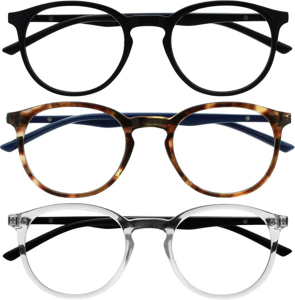 OPULIZE MET Blue Light Blocking Glasses for Women Men, Slim Round Frame with Spring Hinges and Scratch Resistant, Computer Glasses with Anti-Reflective, Black,Brown,Clear, (Pack of 3)