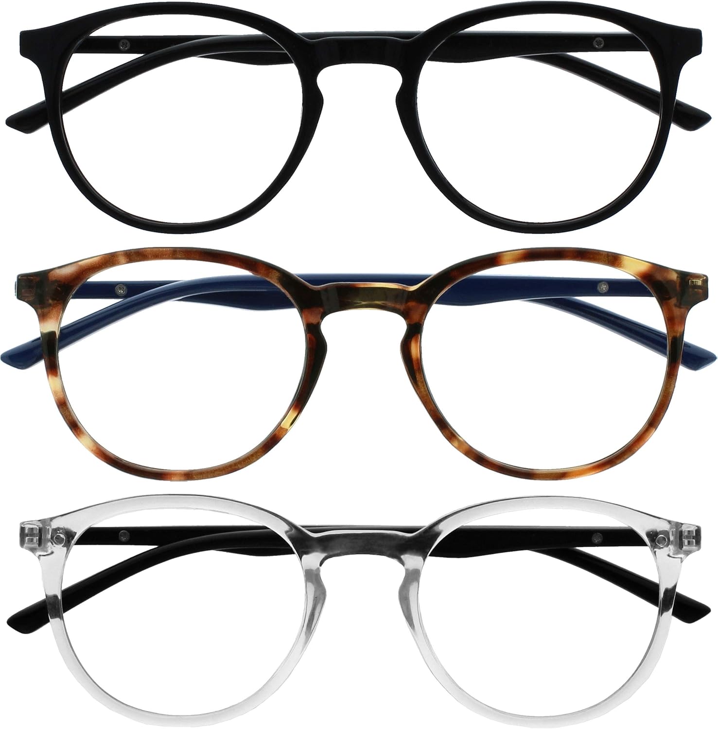 OPULIZE MET Blue Light Blocking Glasses for Women Men, Slim Round Frame with Spring Hinges and Scratch Resistant, Computer Glasses with Anti-Reflective, Black,Brown,Clear, (Pack of 3)