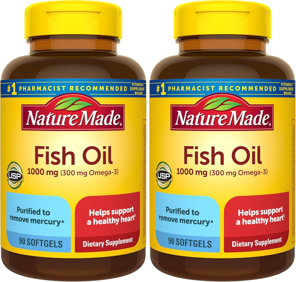 Nature Made Fish Oil Omega 3 Supplements, 1000 mg Softgels, Omega 3 Fish Oil for Healthy Heart Support, 45 Day Supply, 90 Softgels (Pack of 2)