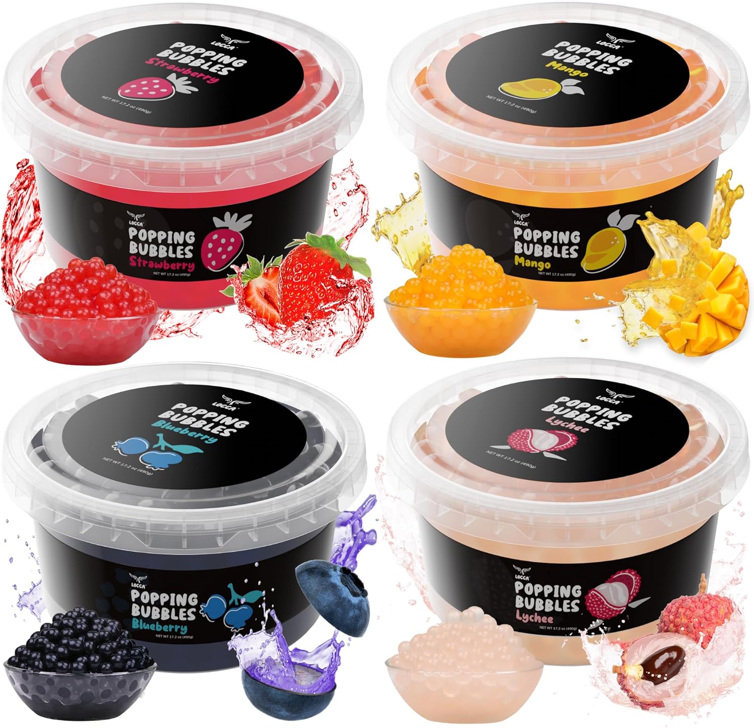 Popping Boba Pearls Kit with Mango Lychee Blueberry Strawberry Boba Flavors (4 x 17oz) | Boba Tea Sago Pearls Kit | Boba Popping Pearls for Bubble Tea Jelly 4 Flavors