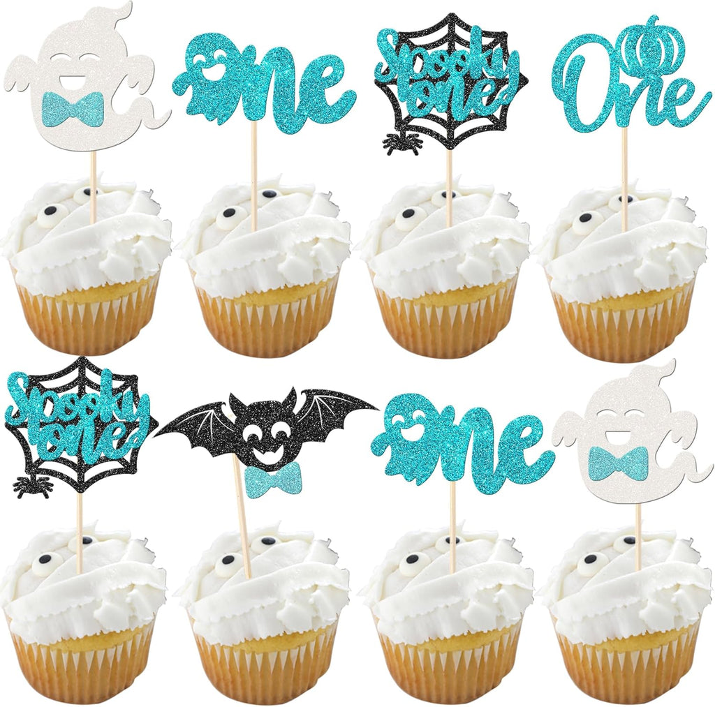 Rsstarxi 30 Pack Halloween Spooky One Cupcake Toppers Glitter Ghost Bat Spider Pumpkin First Birthday Cupcake Picks for Halloween Baby Shower Gender Reveal 1st Birthday Party Cake Decorations