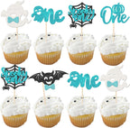 Rsstarxi 30 Pack Halloween Spooky One Cupcake Toppers Glitter Ghost Bat Spider Pumpkin First Birthday Cupcake Picks for Halloween Baby Shower Gender Reveal 1st Birthday Party Cake Decorations