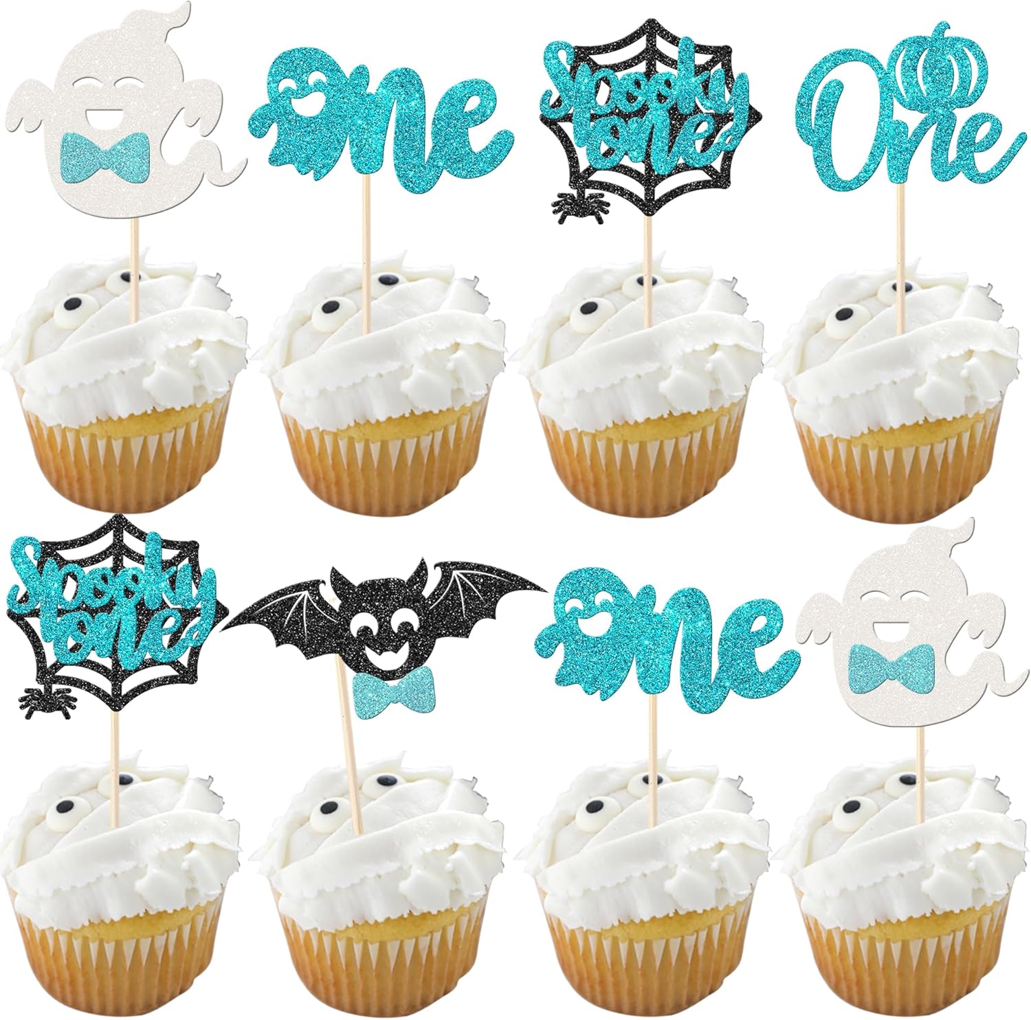 Rsstarxi 30 Pack Halloween Spooky One Cupcake Toppers Glitter Ghost Bat Spider Pumpkin First Birthday Cupcake Picks for Halloween Baby Shower Gender Reveal 1st Birthday Party Cake Decorations