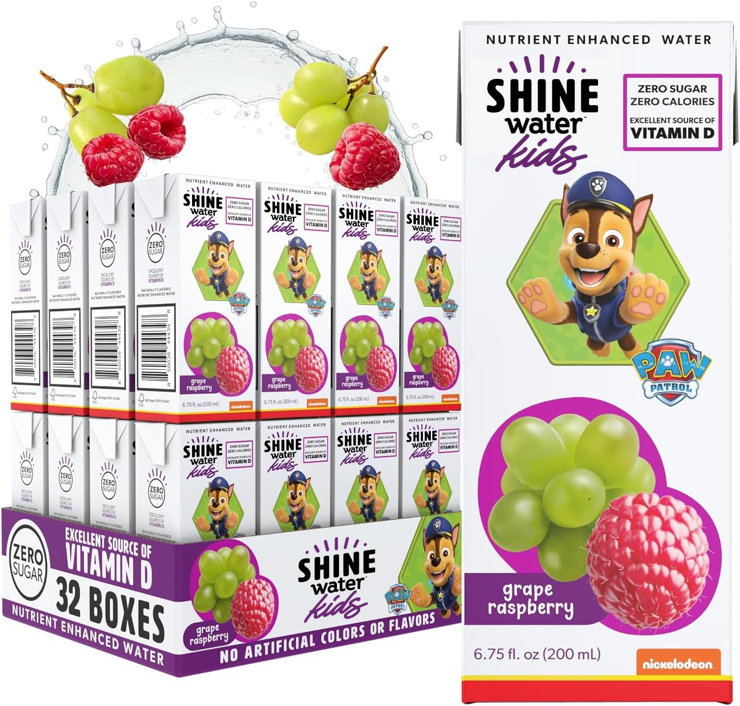 Shine Water x Paw Patrol Grape Raspberry Kids Juice Boxes with Vitamin D | No Added Sugar | Naturally Flavored Drinks for Kids | Vegan, Gluten Free, Zero Calorie Hydration | 32 Pack