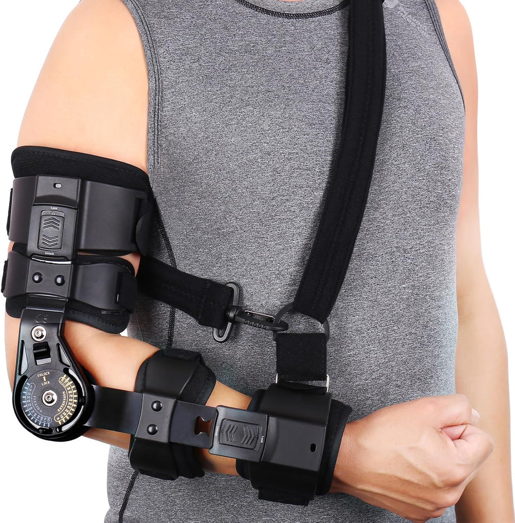 Hinged ROM Elbow Brace Adjustable Post OP Elbow Support - Arm Stabilizer Splint for Surgery, Dislocation, Ligament & Tendon Repair Recovery w/Sling Fits Men & Women (Left)