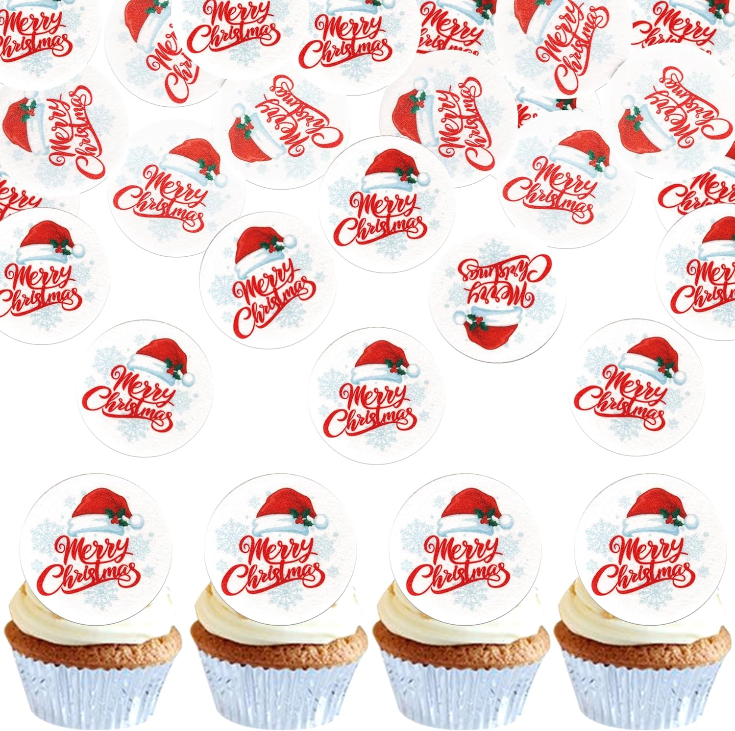 60 PCS Edible Merry Christmas Cupcake Toppers Holly Leaves Berries Santa Claus Hat Cupcake Picks Edible Christmas Cupcake Decorations for Xmas Theme New Year Holiday Party Cake Decorations Supplies