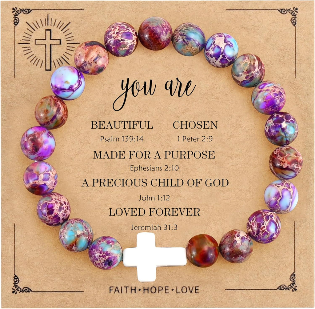 VIBILIA Cross Beaded Bracelets for Women, Inspirational Natural Gemstone Heart Bracelets for Women, Birthday Gifts for Women Mom Daughter Wife Sister Friend on Valentine's Day Easter Mother's Day