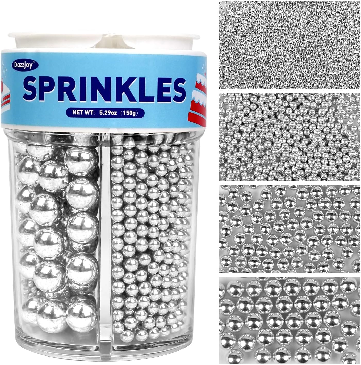 Dazzjoy Silver Pearl Sprinkles, Food Grade, Edible Pearls for Cake Decorating, 150g/5.29oz, Cake Decoration & Cupcake Topper, Wedding Party Valentines Supplies