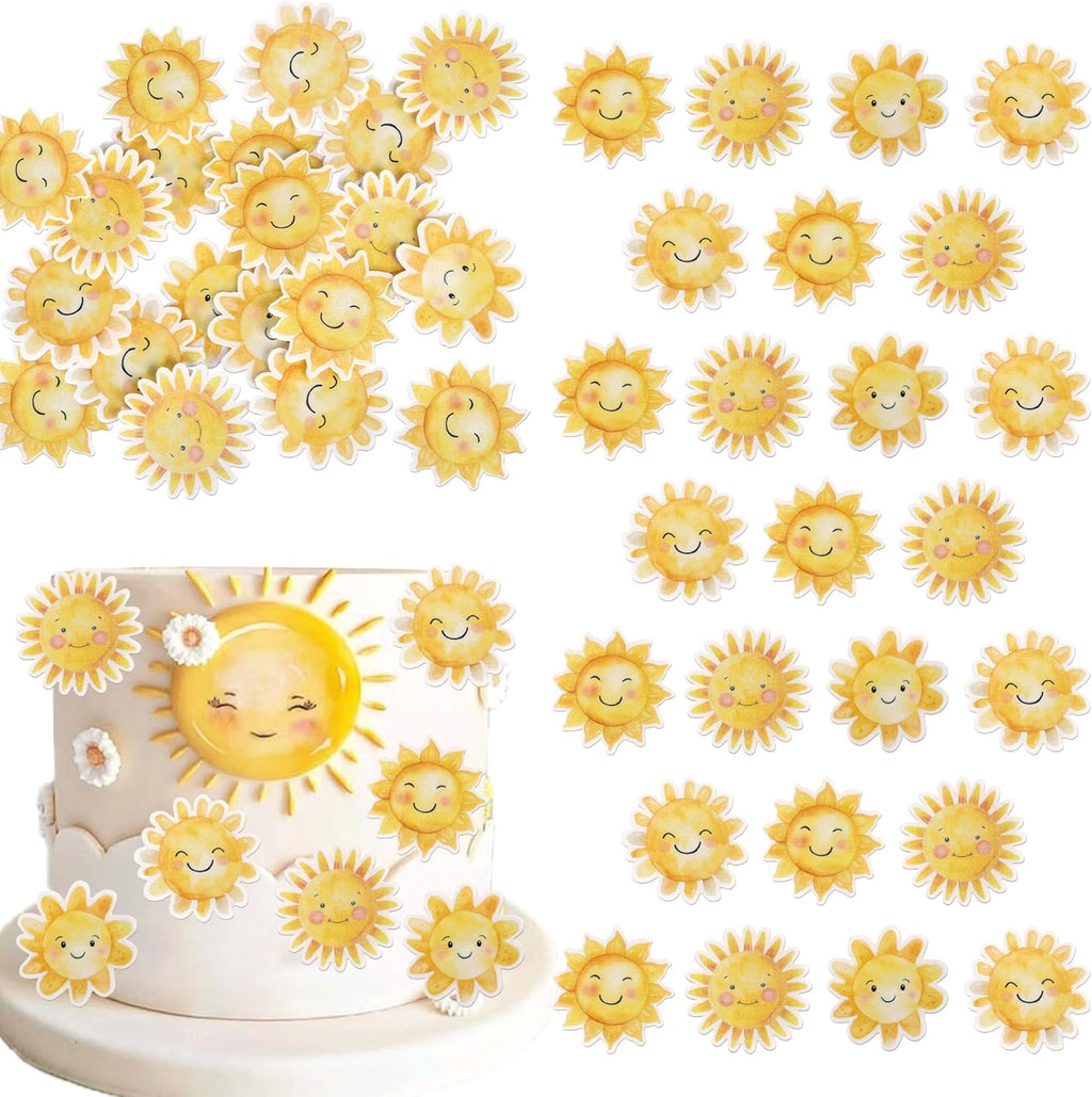 Rsstarxi 60 Pack Edible Sun Cupcake Toppers Sunshine Party Decorations Sun Flower Smiley Sunshine Cupcake Picks for Summer Theme Baby Shower Birthday Party Cake Decorations Favors