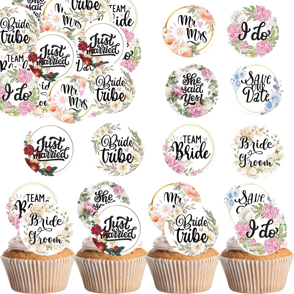 36PCS Edible Floral Bride to Be Cupcake Toppers Wafer Paper Love I Do Cupcake Decoration Miss to Mrs Cupcake Picks for Bridal Shower Bachelorette Wedding Party Supplies