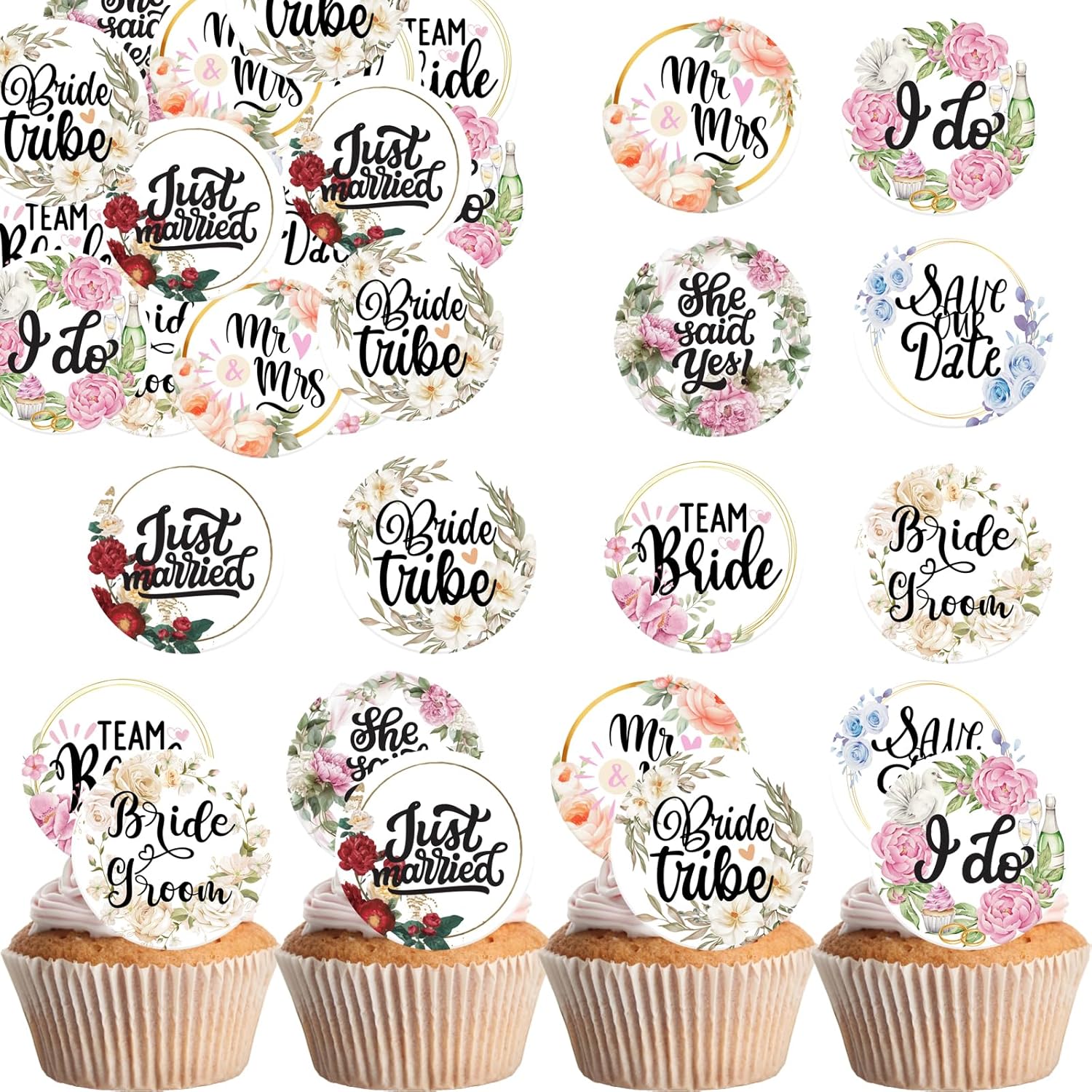 36PCS Edible Floral Bride to Be Cupcake Toppers Wafer Paper Love I Do Cupcake Decoration Miss to Mrs Cupcake Picks for Bridal Shower Bachelorette Wedding Party Supplies
