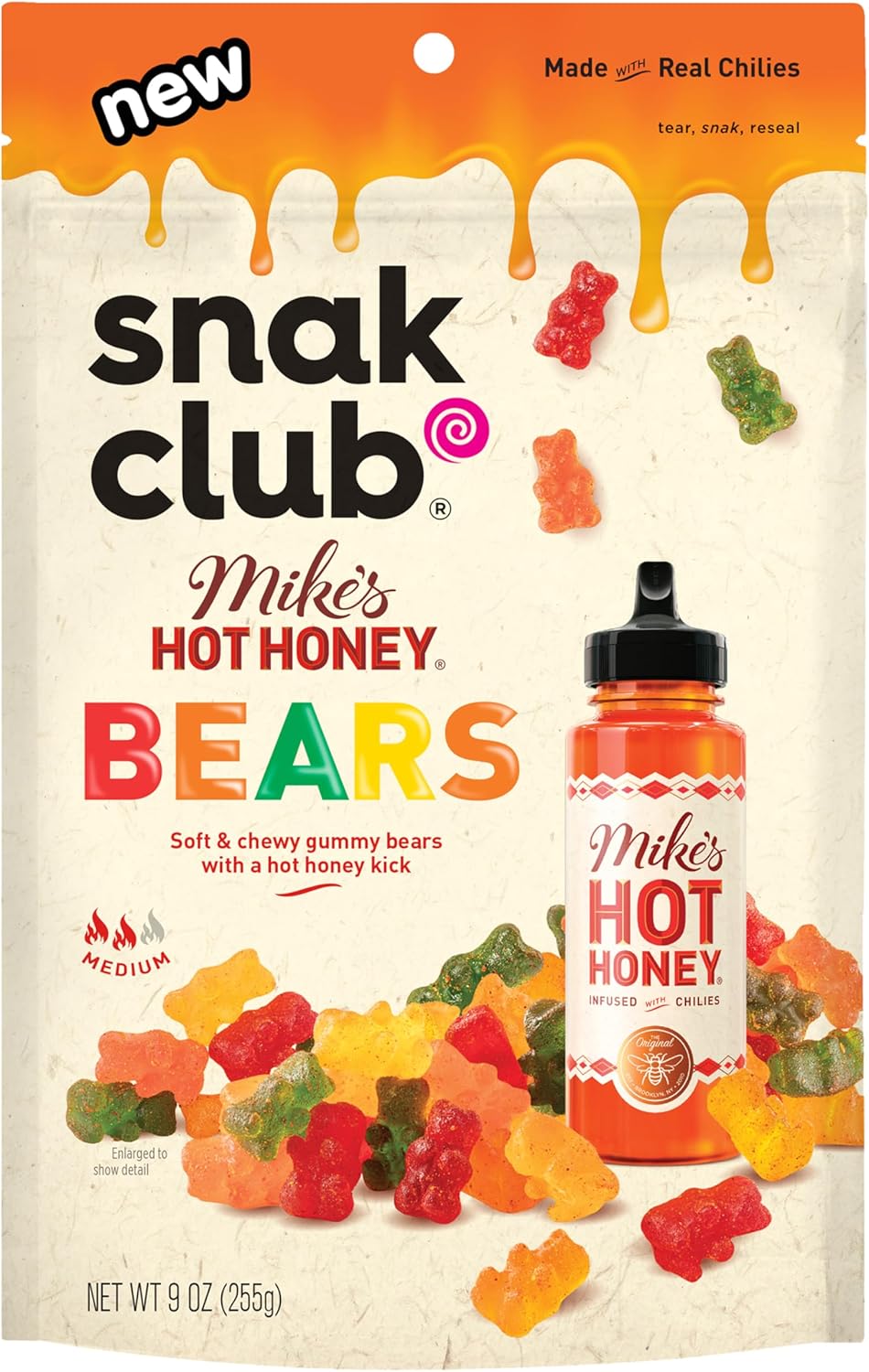 Snak Club Mike’s Hot Honey Bears Gummy Candy, Soft and Chewy Gummy Bears with Sweet Heat, Unique Candy Snacks, 9 oz Family Size Bag