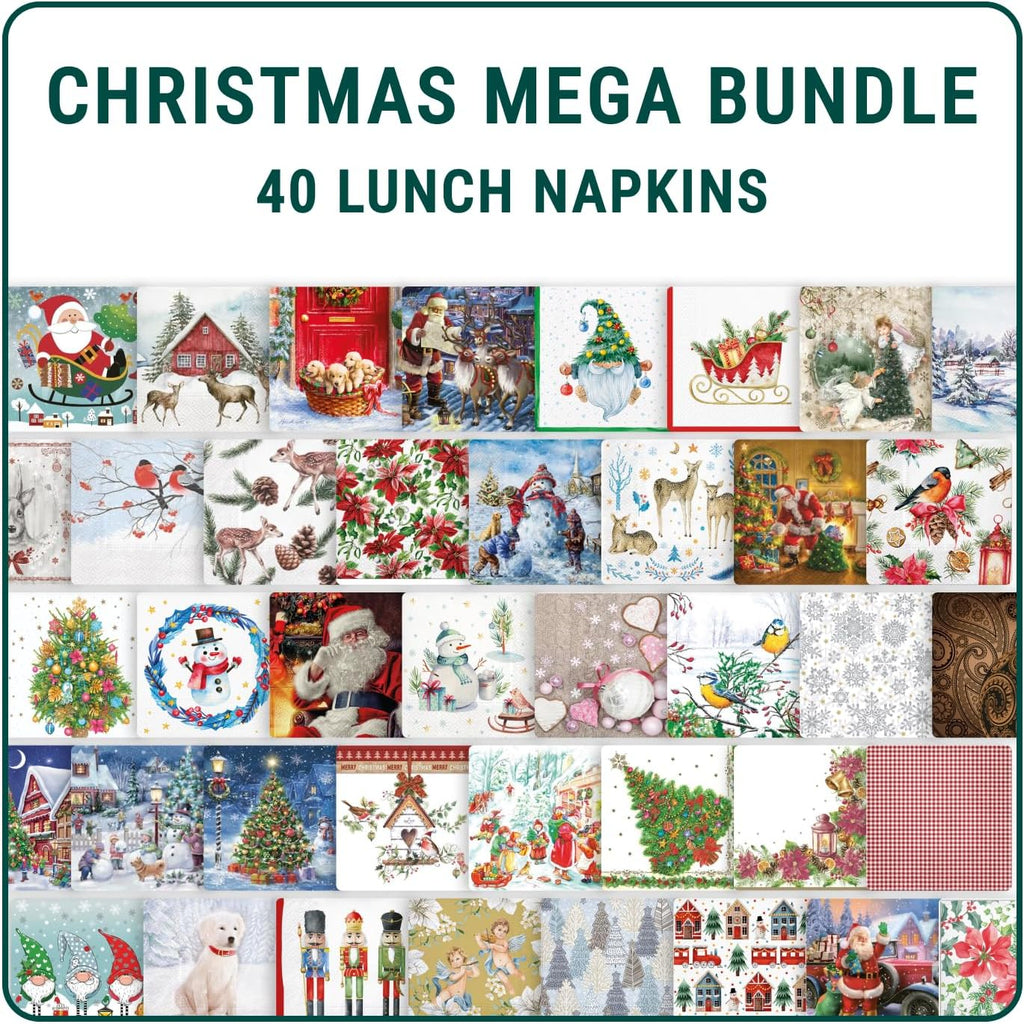 Mega Bundle of Decoupage Paper Napkins I 40 Various 3-Ply Lunch Napkins I Decorative Paper Napkins for Decoupage, Craft, Scrapbooking I Junk Journal Supplies (CHRISTMAS MEGA BUNDLE)