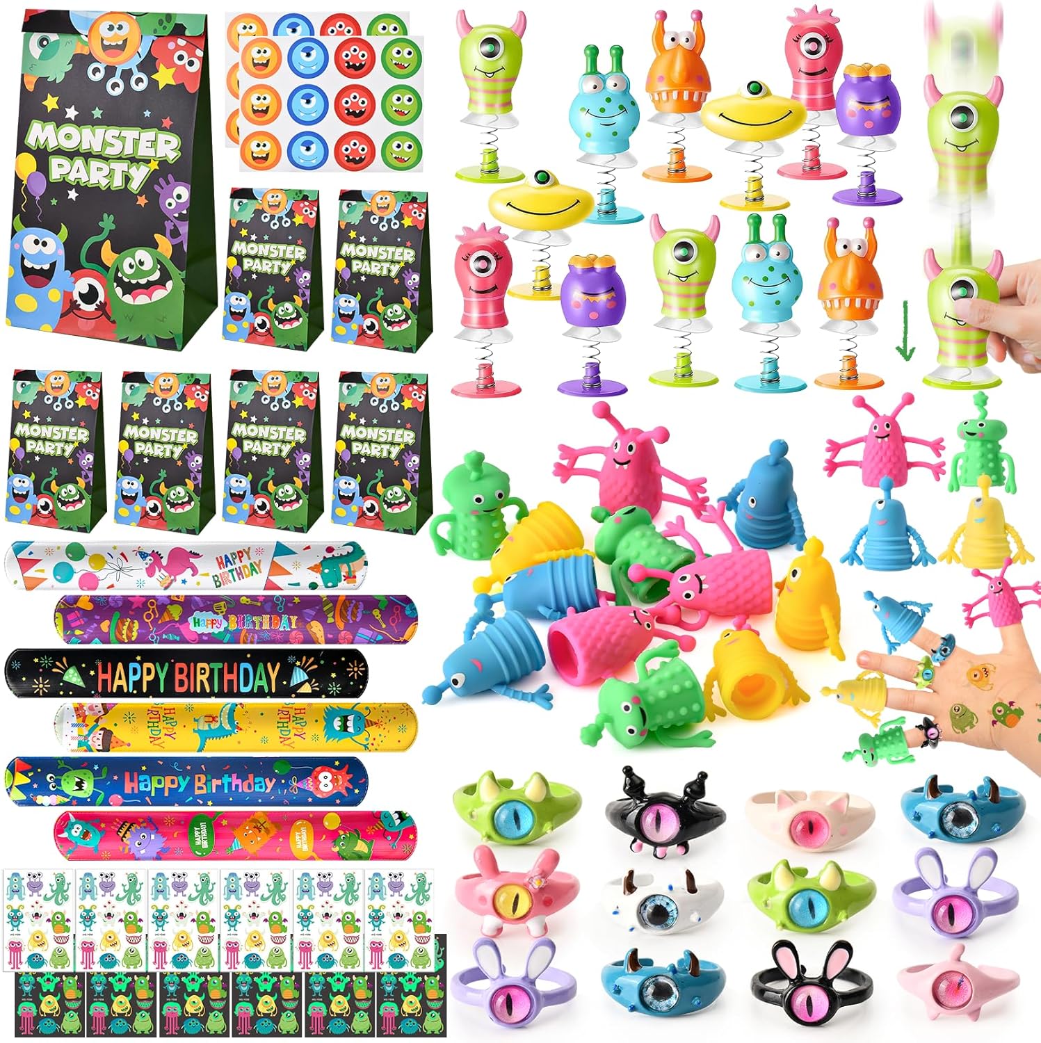 SNLN Monster Party Favors Birthday Supplies Gift Bags Finger Puppets Spring Launchers Toys Monster Big Eye Ring Slap Bracelets Tattoo Stickers Inc, Monsters Party Decorations Birthday Favors for Kids