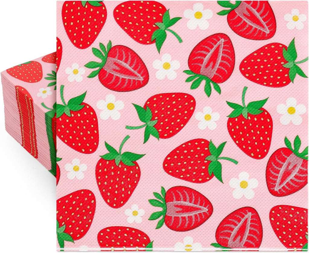Whaline 80Pcs Strawberry Paper Napkins Fruit Disposable Napkins Red Pink Luncheon Dinner Table Napkin for Wedding Birthday Baby Shower Party Supplies