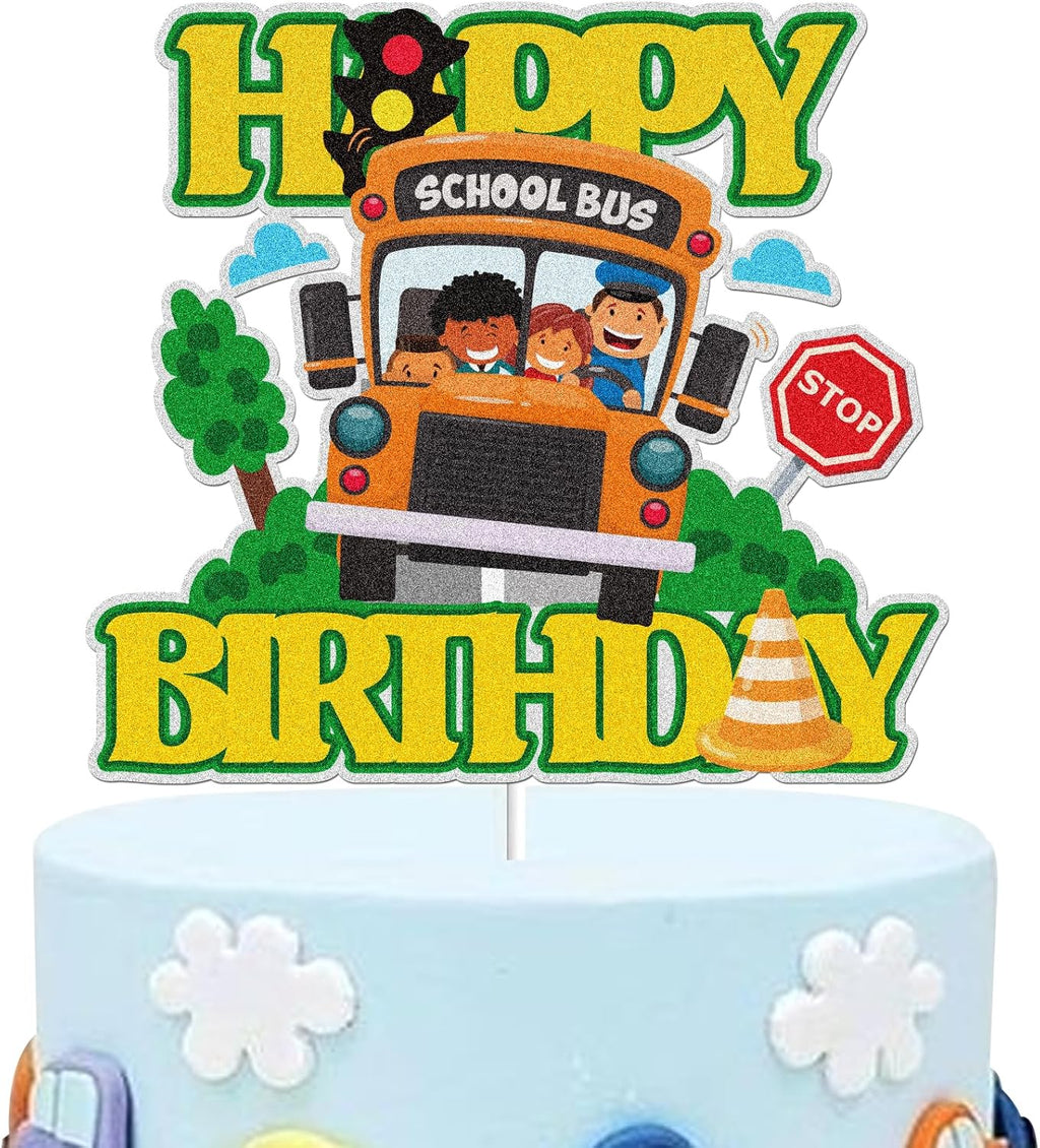 School Bus Happy Birthday Cake Topper Gold Glitter Back to School Cake Decoration Child Boys Girls Kids School Themed Party Supplies