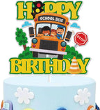 School Bus Happy Birthday Cake Topper Gold Glitter Back to School Cake Decoration Child Boys Girls Kids School Themed Party Supplies
