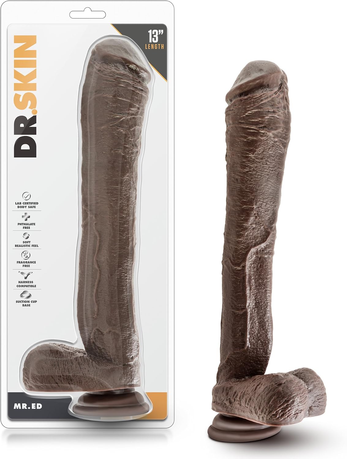 Blush Dr. Skin Mr. Ed 13" Huge Realistic Dildo w/Balls, Thick Veiny Cock - PVC Suction Cup, Harness Compatible - Deep Penetration & Extreme Pleasure Adult Sex Toy for Women, Men, Couples -(Chocolate)