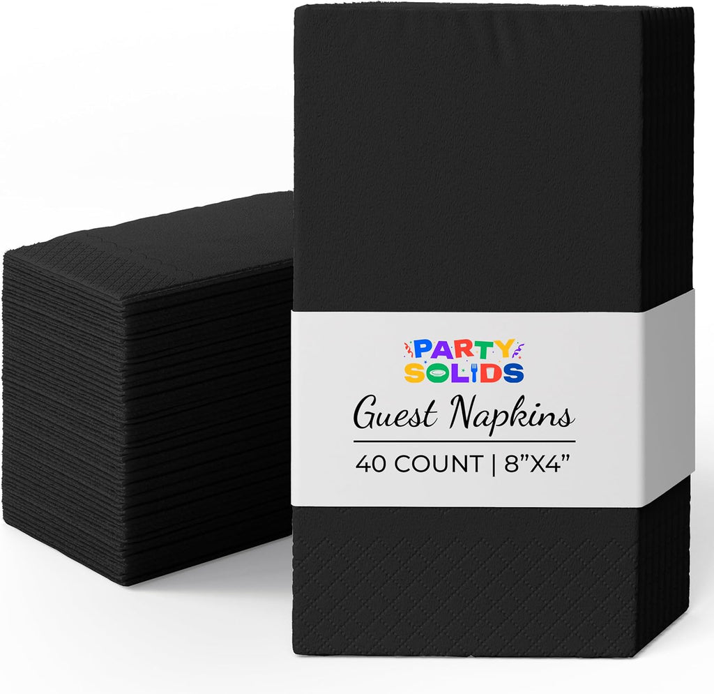 Party Solids Black Dinner Napkins Disposable 8" x 4" Folded - 40 Pcs 2 Ply Black Napkins Disposable Paper Guest Towels for Bathrooms, Dinners, Everyday Parties & Party Supplies