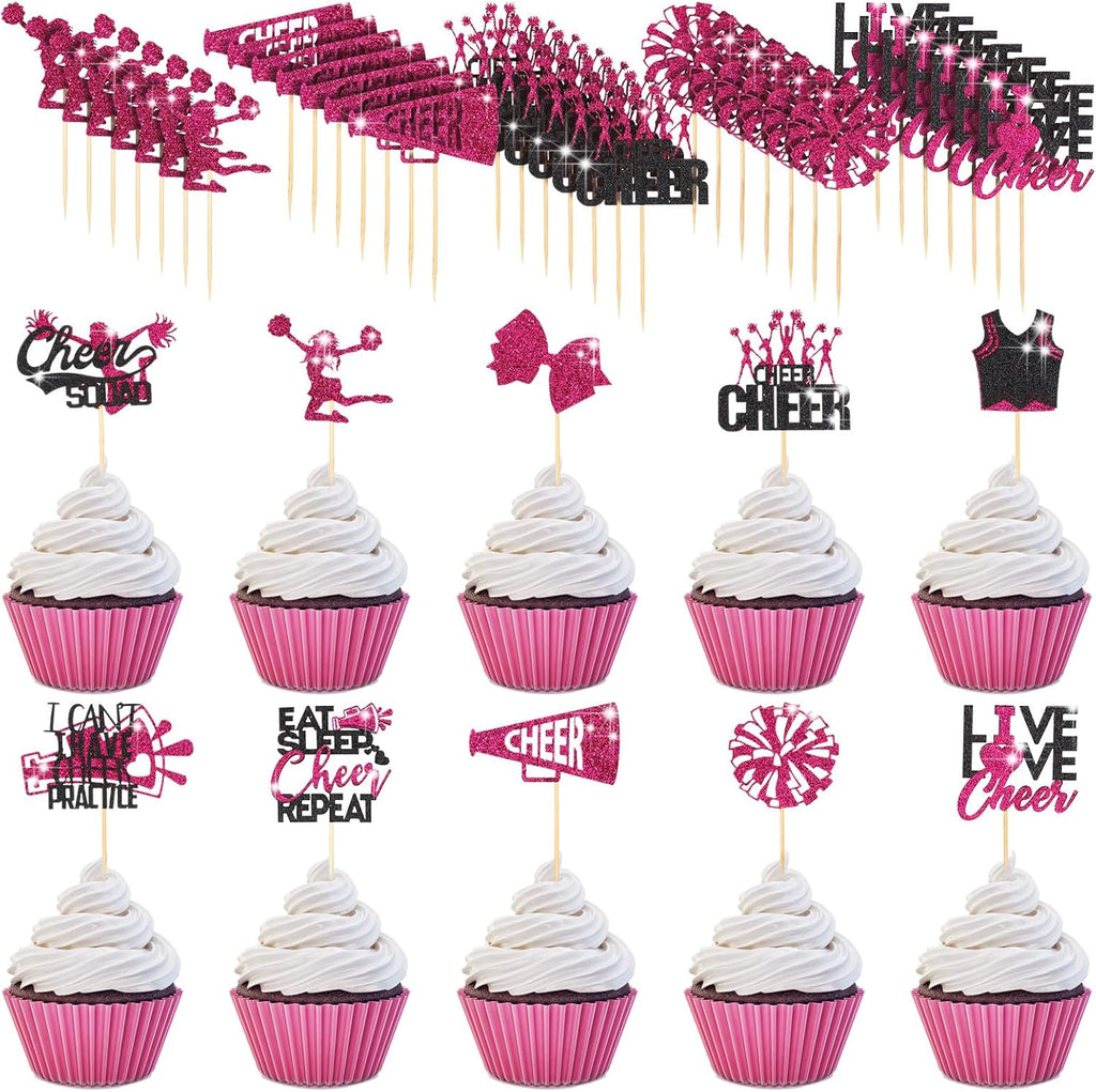 100 Pcs Glitter Cheerleader Cupcake Toppers Cheerleading Gymnastics Cupcake Picks Cheer Party Decorations Cheer Team Cake Decorations for Birthday Party Favors Supplies