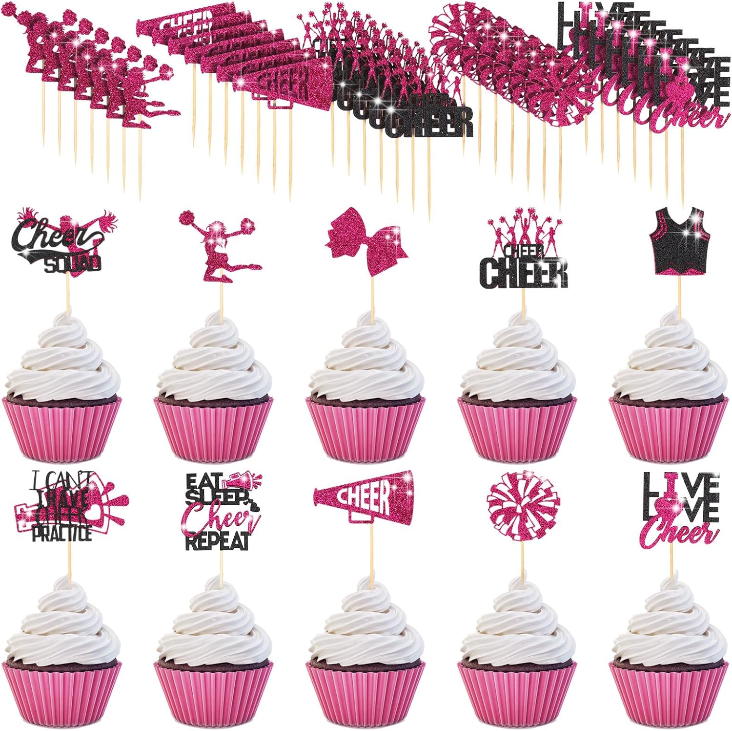 100 Pcs Glitter Cheerleader Cupcake Toppers Cheerleading Gymnastics Cupcake Picks Cheer Party Decorations Cheer Team Cake Decorations for Birthday Party Favors Supplies