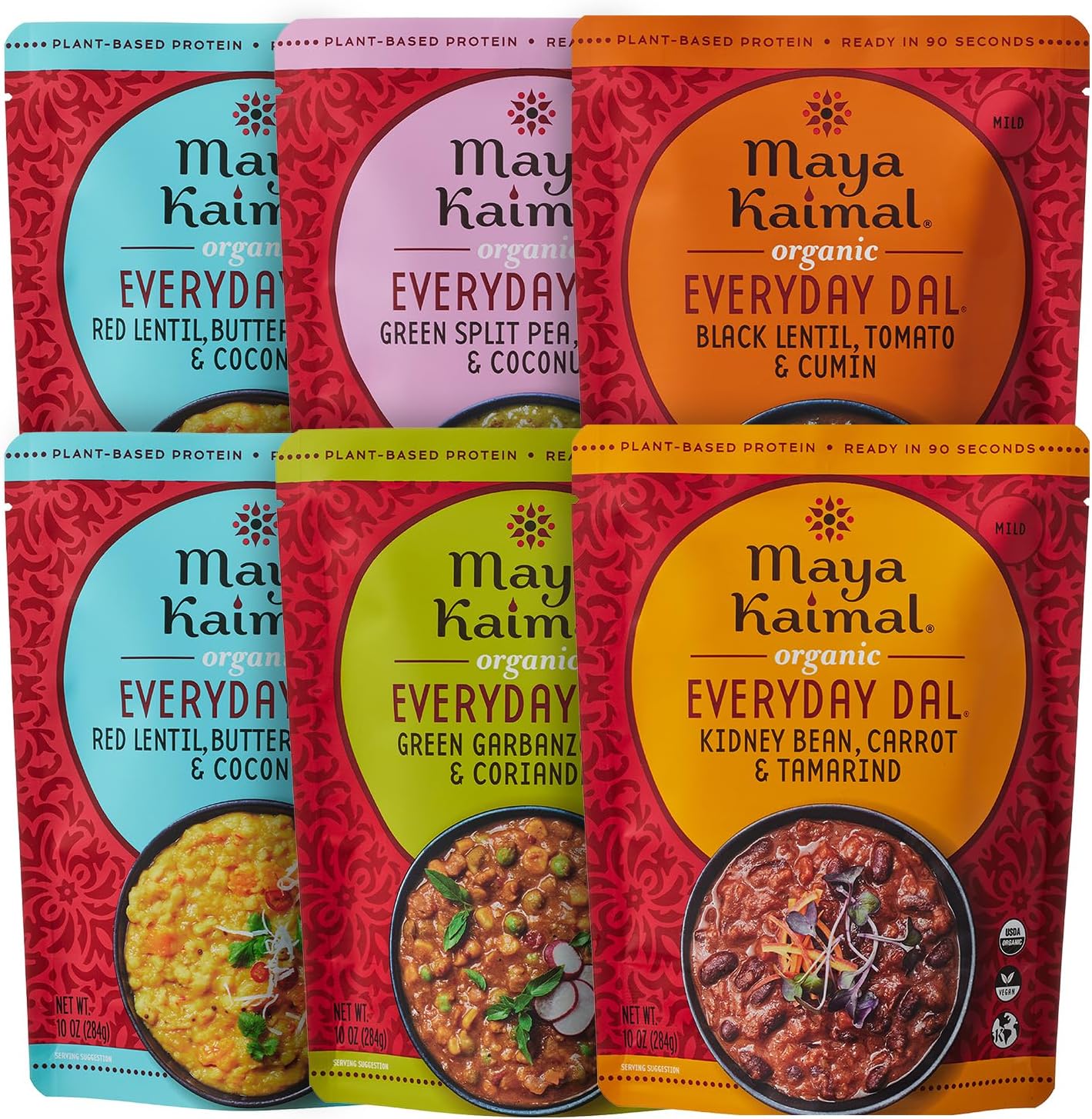 Maya Kaimal Foods - Organic Indian Everyday Dal - 6 pack variety of 10oz Ready to Eat Meals - Fully Cooked - Vegan - Kosher - Microwavable - made from Lentils, Beans, Squash, Coconut, Peas