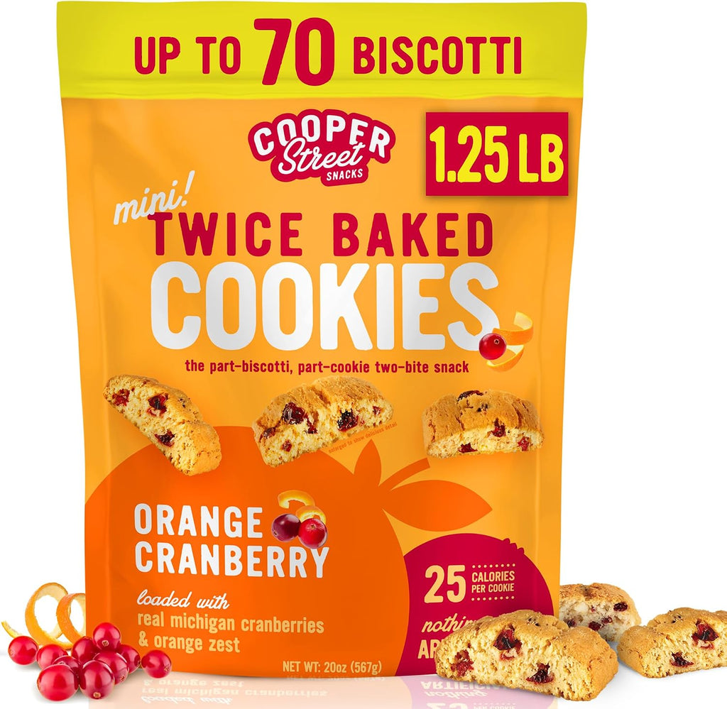 Cooper Street Twice Baked Orange Cranberry Biscotti Cookies - 1.25 Lb - Light and Crispy Coffee Cookie Bites - Low Calorie Italian Snacks for Adults & Kids - Kosher, Dairy, Peanut & Soy Free