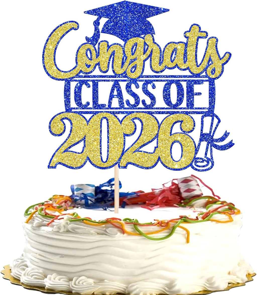 Rsstarxi 1 Pack 2026 Graduation Cake Topper Glitter Congrats Class of 2026 Cap Diploma Cake Pick 2026 Cake Decorations for Congrats 2026 Graduation Theme Party Supplies Blue Gold