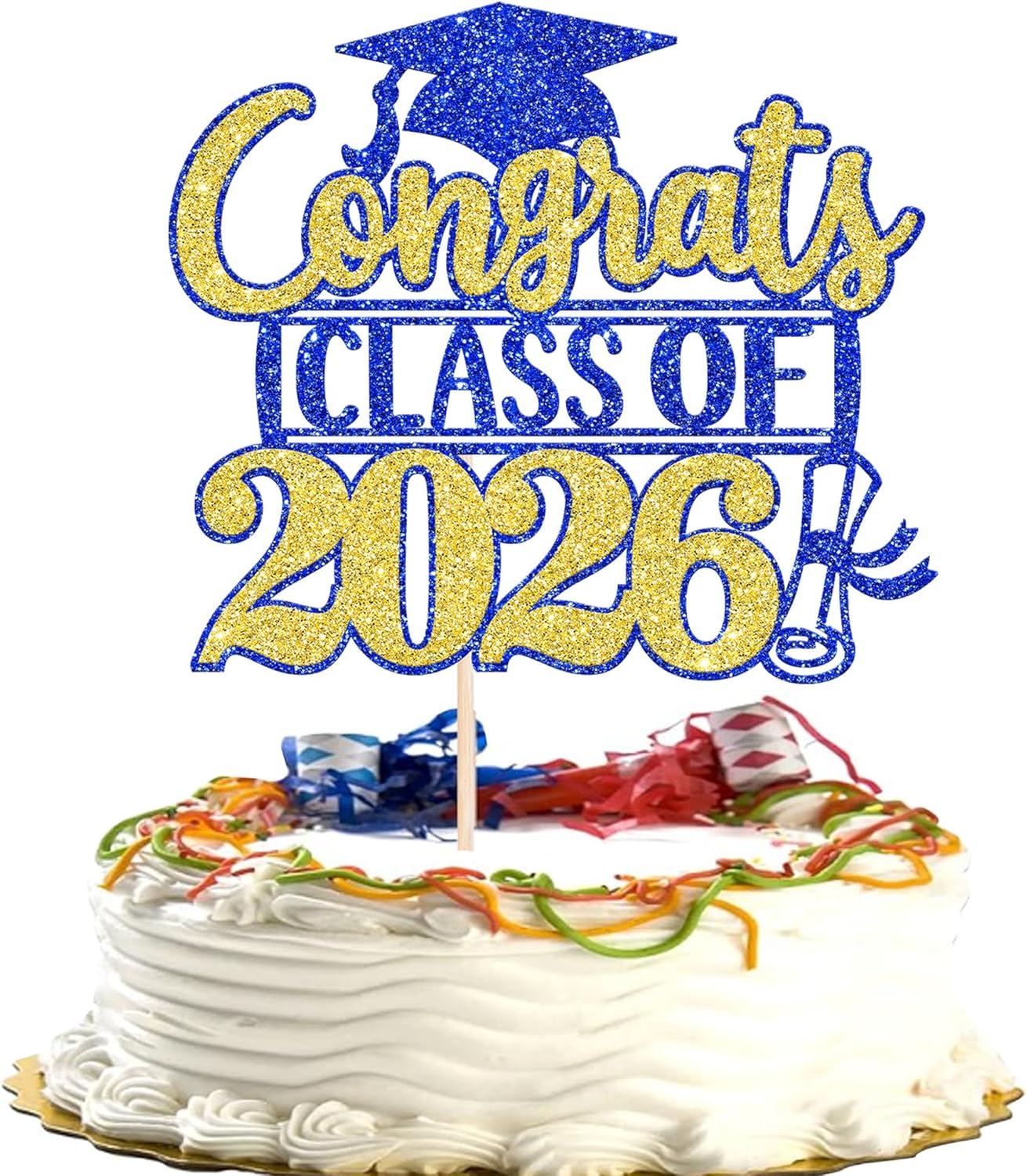Rsstarxi 1 Pack 2026 Graduation Cake Topper Glitter Congrats Class of 2026 Cap Diploma Cake Pick 2026 Cake Decorations for Congrats 2026 Graduation Theme Party Supplies Blue Gold
