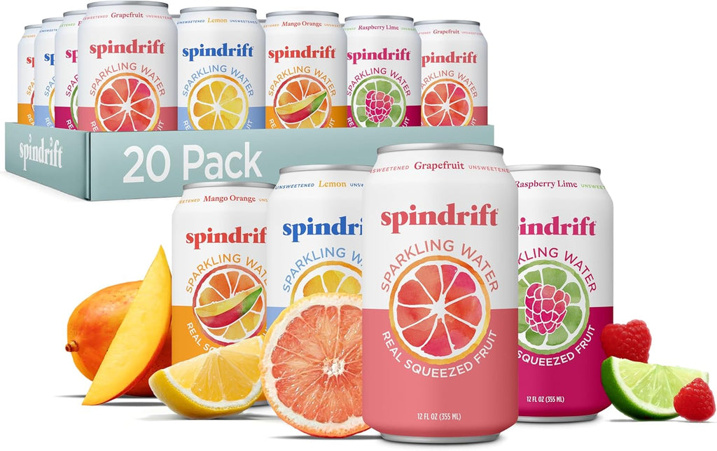 Spindrift Sparkling Water, 4 Flavor Variety Pack, Made with Real Squeezed Fruit, 12 Fl Oz (Pack of 20)