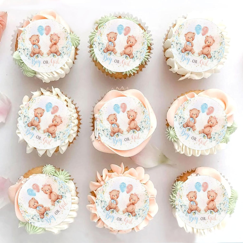 40Pcs Edible Circle Boy or Girl Baby Bears Cupcake Toppers for Gender Reveal Boy-Girl Twins Bear Cupcake Picks for Twins Baby Shower Boys Girls Bearly Birthday Cupcake Decoratiions
