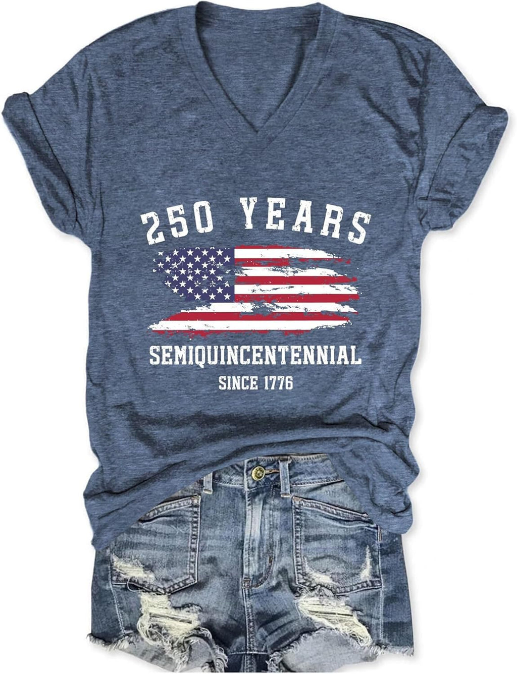 250th Anniversary USA Shirt for Women 1776-2026 Patriotic American Flag V Neck T-Shirt July 4th Graphic Tee