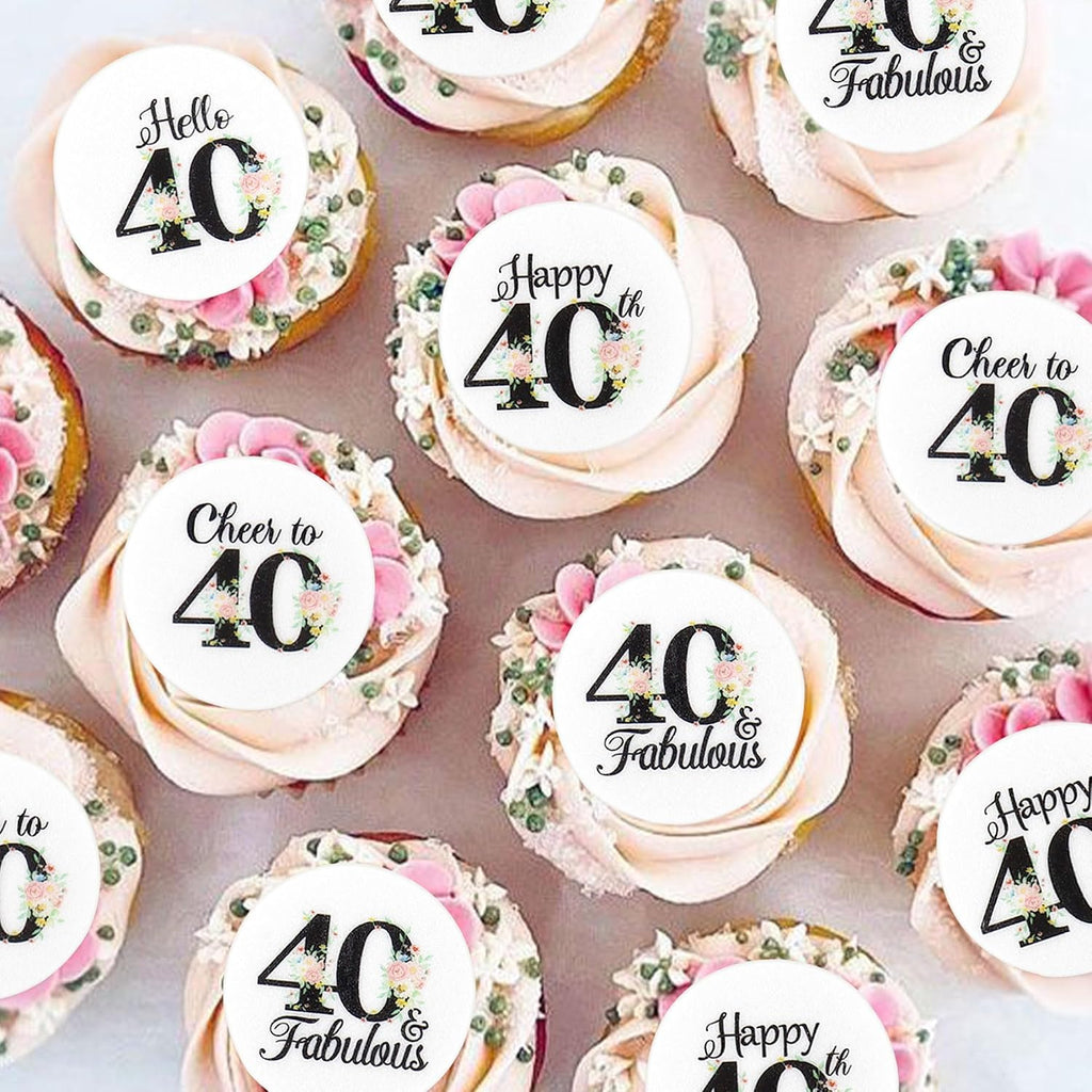 40Pcs Edible Circle Happy 40th Birthday Cupcake Toppers Edible Floral Hello 40 Fabulous Cheers to 40 Cupcake Picks Drink Toppers for Funny Female Floral 40th Birthday Party Decorations