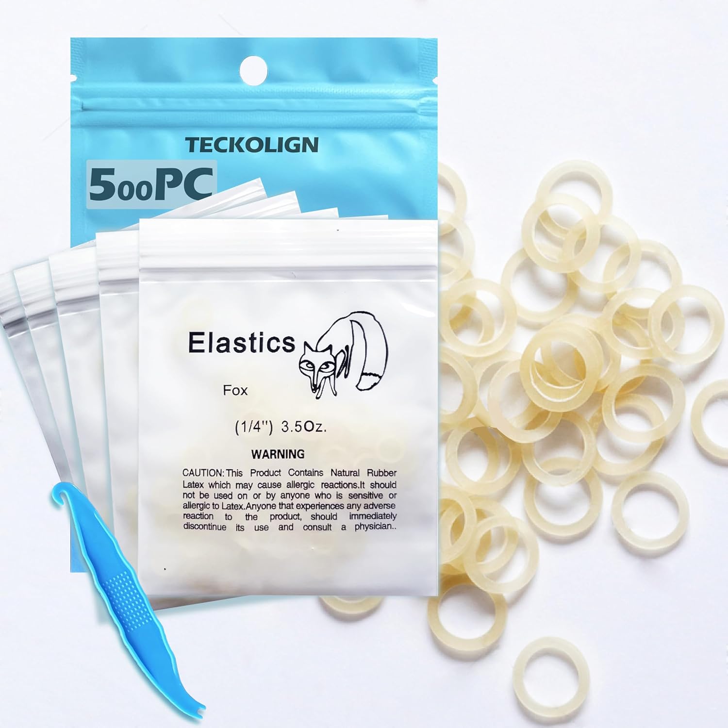 Orthodontic Elastic rubber bands 500 pcs (Medium, 3.5 Oz,1/4,Fox),Teckolign Orthodontic Elastic Rubber Bands, 500 Pack,Great for Dreadlocks, Braids, Tooth Gap, Braids, Dog Bows, Top knots, 5 Pack,with Elastic Placer for Braces. Good Orthodontic Supplies