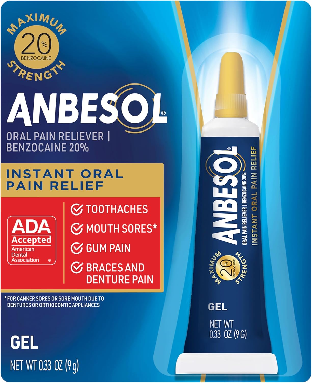 Anbesol Maximum Strength Gel - Instant Oral Pain Relief, for Toothaches, Gums, Braces, & Denture Pain, and Mouth Sores*, Canker Sore Treatment Inside Mouth, ADA Accepted, 0.33 oz