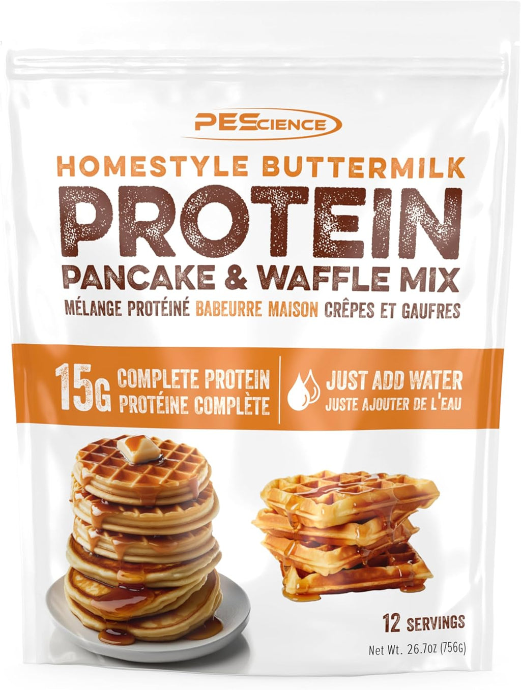 PEScience Protein Pancake Mix for Protein Waffles and Pancakes, Just Add Water, Whey and Casein Blend, Amazing Taste and Fluffy Texture - Homestyle Buttermilk, 12 Servings