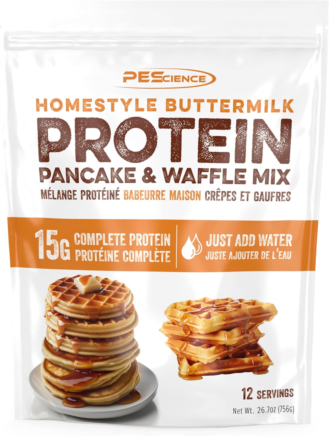 PEScience Protein Pancake Mix for Protein Waffles and Pancakes, Just Add Water, Whey and Casein Blend, Amazing Taste and Fluffy Texture - Homestyle Buttermilk, 12 Servings