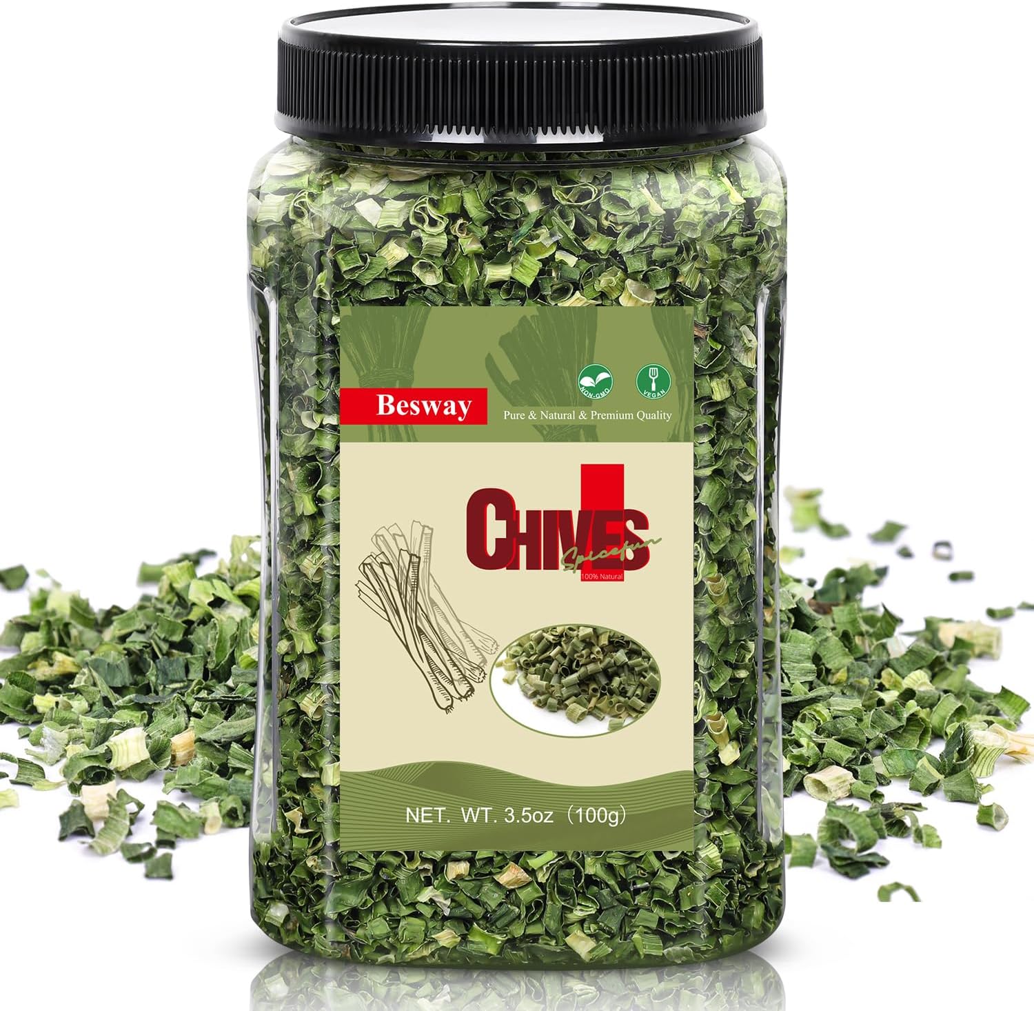 Besway Chives 3.5 oz(100g), Premium Dried Green Chives - Perfectly Chopped for Culinary Use, 100% Natural