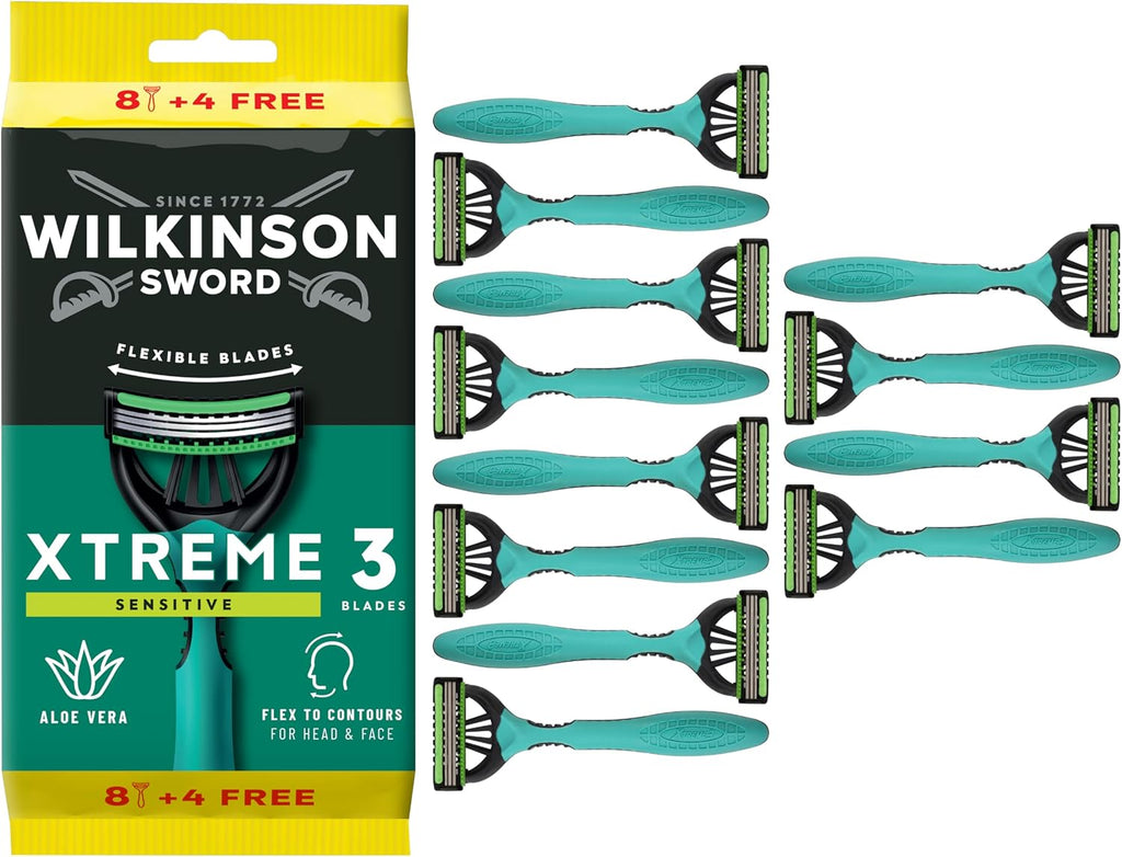 Wilkinson Sword Xtreme 3 Sensitive, Pack of 8 + 4 Disposable Razors with a Lubricating Band of Vitamin E and Aloe Vera, Optimal for Facial Care and Softness