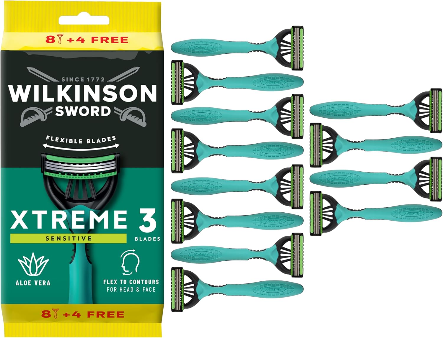 Wilkinson Sword Xtreme 3 Sensitive, Pack of 8 + 4 Disposable Razors with a Lubricating Band of Vitamin E and Aloe Vera, Optimal for Facial Care and Softness