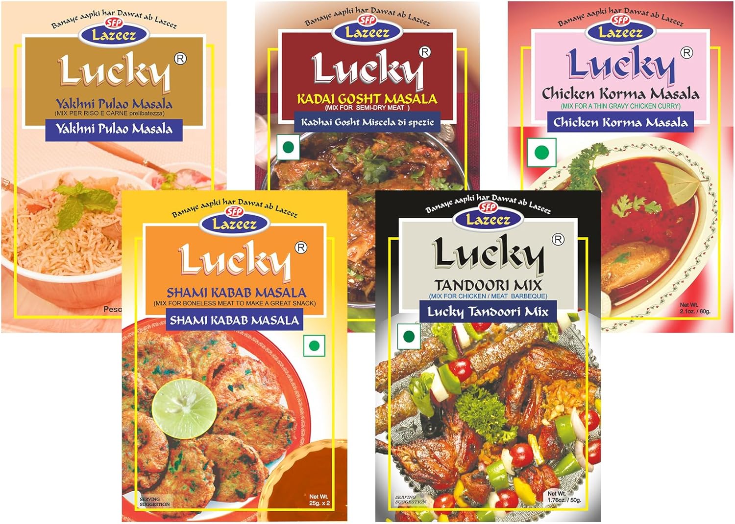Lucky Masale Party Pack 3 (Tandoori Masala (chicken or Mutton), Shami Kabab, Chicken Korma, Kadhai Gosht, Yakhni Pulao)