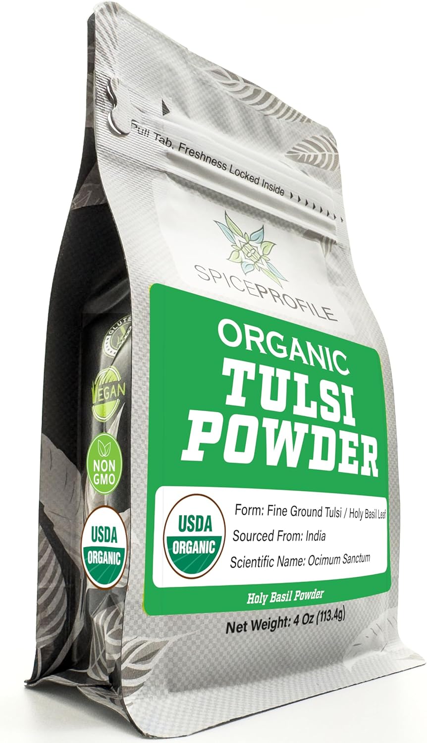 Spice Profile USDA Organic Holy Basil Powder, Lab Tested for Heavy Metals, Resealable 4oz Pouch, Tulsi, Albahaca Sagrada