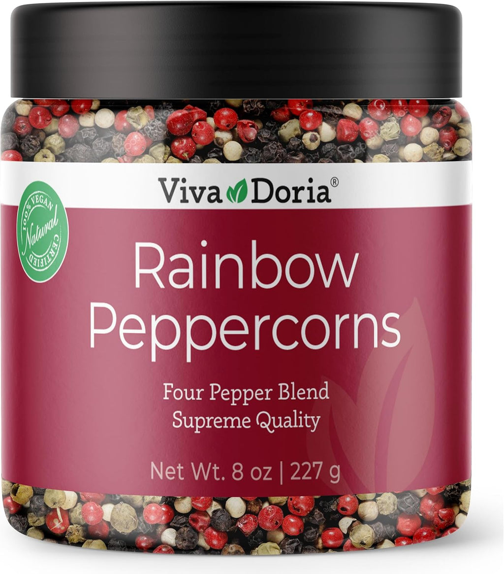 Viva Doria Rainbow Blend Peppercorn, Steam Sterilized Whole Black Pepper, Whole Green Pepper, Whole Pink Pepper, Whole White Pepper, 8 Oz, For Grinder Refills
