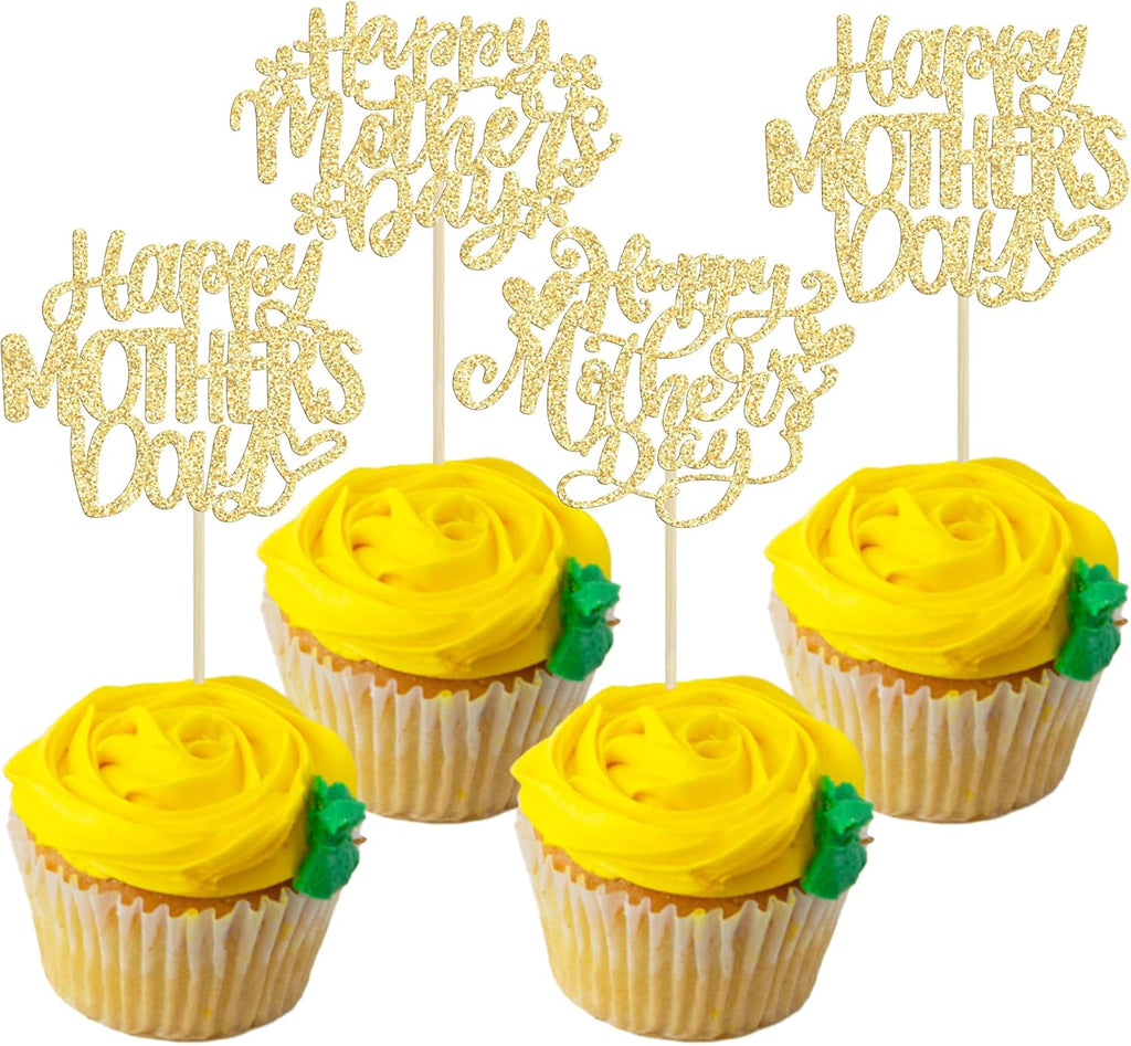 Ephlyn 24Pcs Happy Mothers Day Cupcake Toppers Mom Cupcake Picks Love Mum Cake Decoration Party Supplies for Mother's Day Party Decorations Supplies Gold