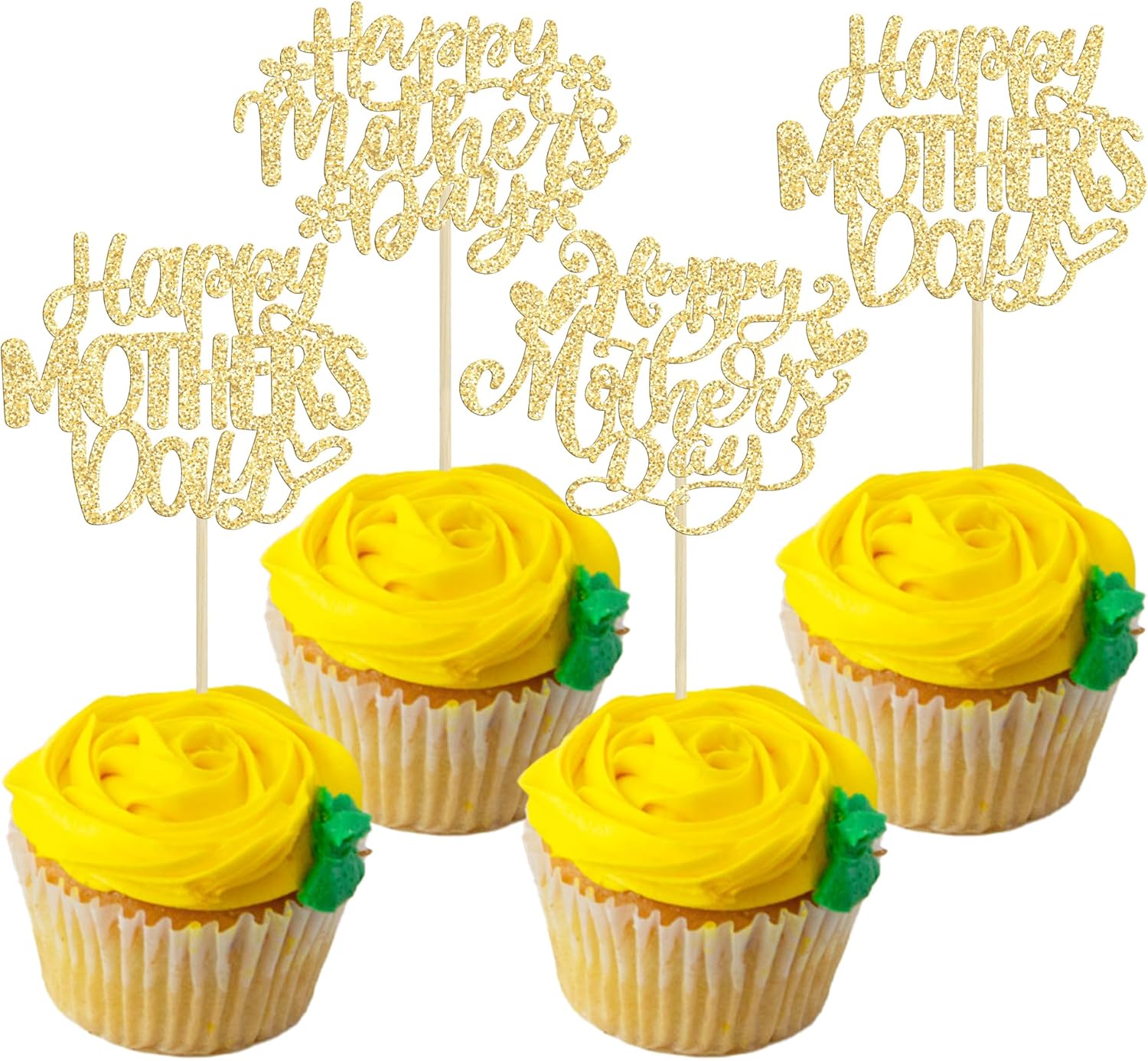 Ephlyn 24Pcs Happy Mothers Day Cupcake Toppers Mom Cupcake Picks Love Mum Cake Decoration Party Supplies for Mother's Day Party Decorations Supplies Gold