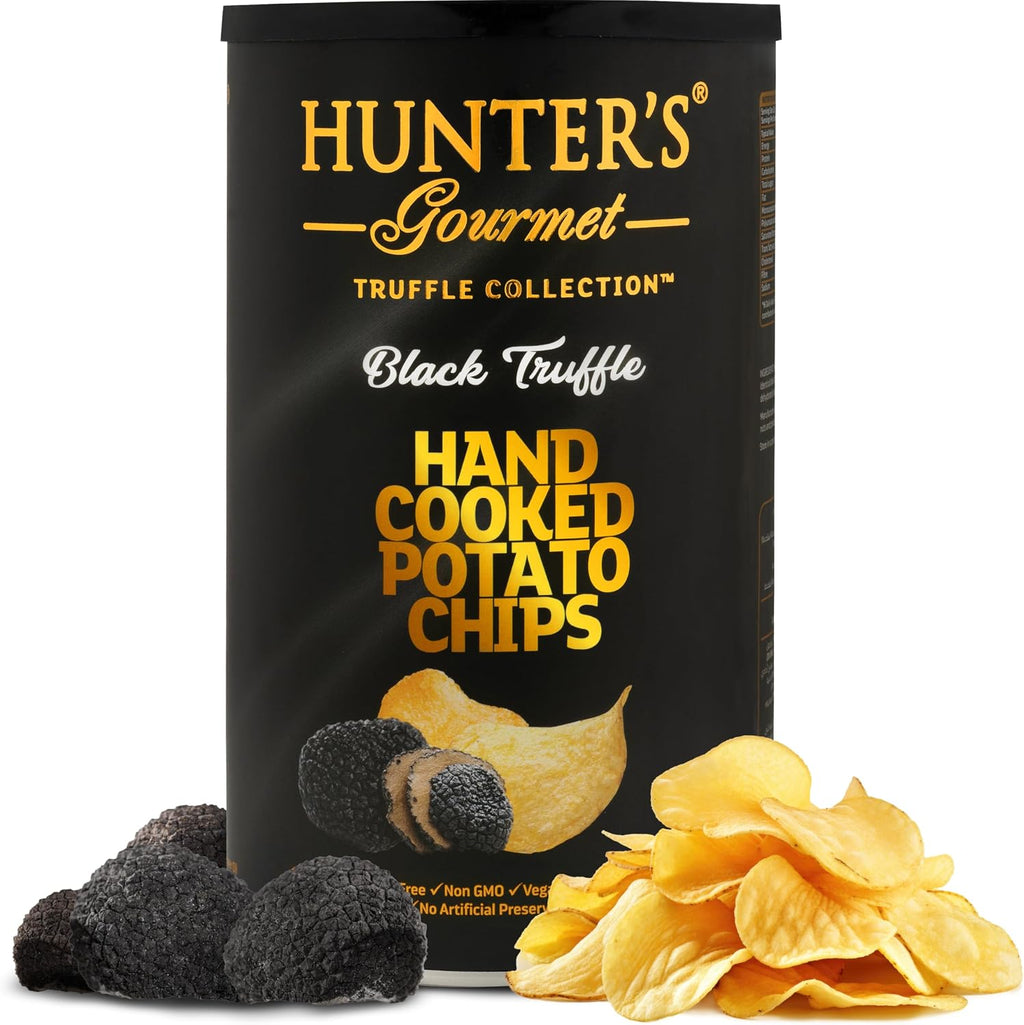 HUNTER'S Gourmet Dubai Black Truffle Crisps | Handcut Vegan & Gluten-Free Chips | Made in Nut-Free Facility | No Artificial Colors | Premium Can | 150g (Pack of 1)
