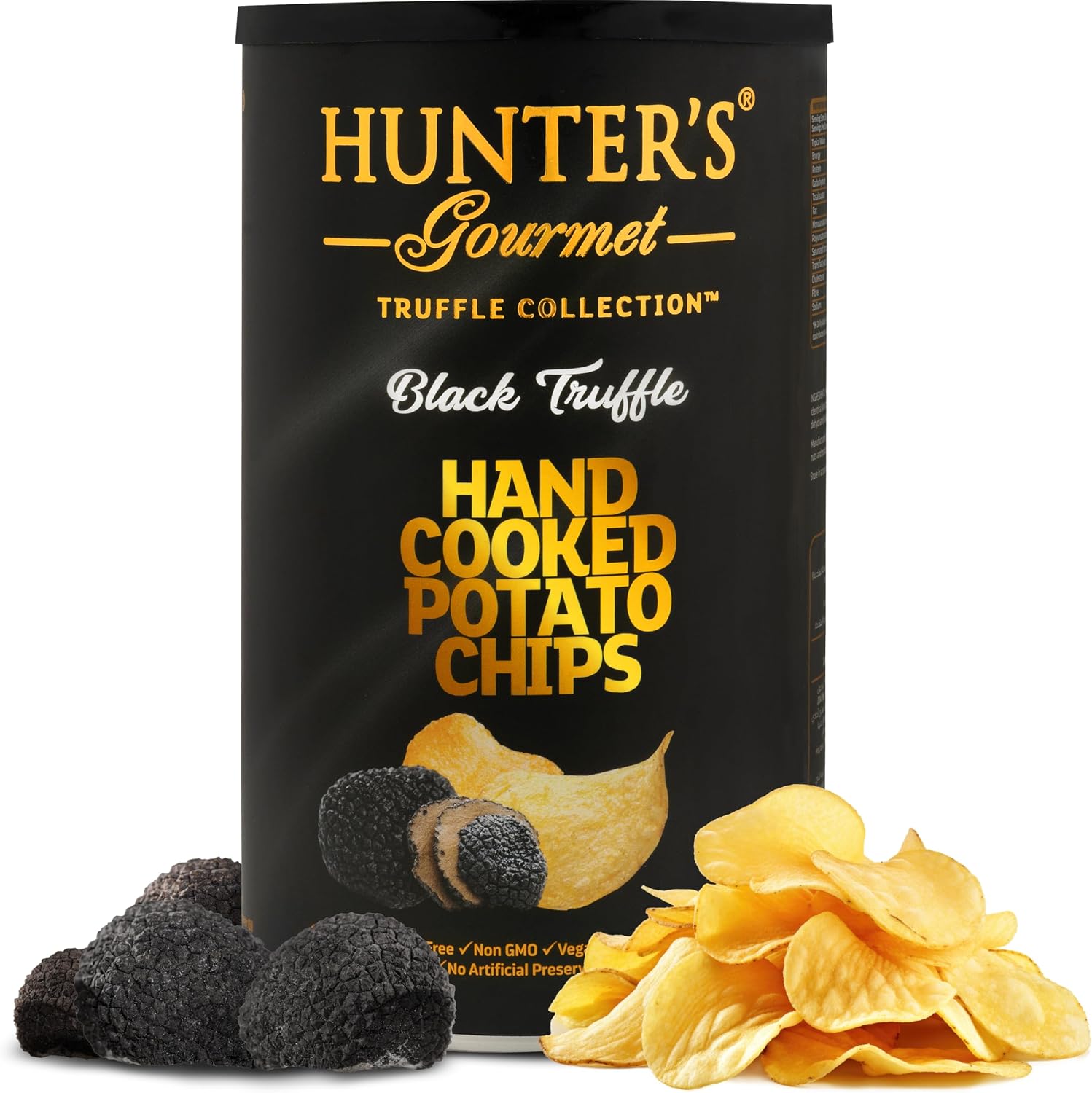 HUNTER'S Gourmet Dubai Black Truffle Crisps | Handcut Vegan & Gluten-Free Chips | Made in Nut-Free Facility | No Artificial Colors | Premium Can | 150g (Pack of 1)