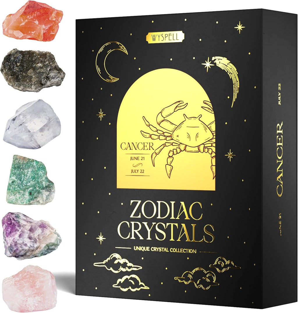 Wyspell Cancer Crystal Set - 6 Raw Cancer Crystals and Healing Stones - Cancer Zodiac Gifts for Women - Cancer Healing Gifts - Birthday Gifts for Women - Astrology Gifts for Women - Zodiac Crystal Set