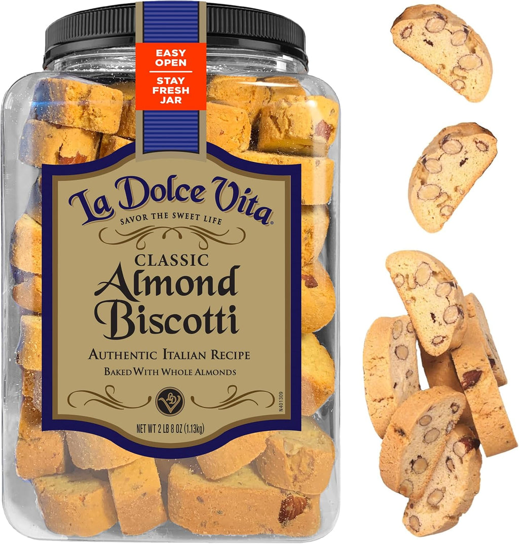 La Dolce Vita Classic Almond Italian Biscotti Cookie Snacks with Whole Almonds, 40 oz. Jar, 30 Servings (Pack of 1)