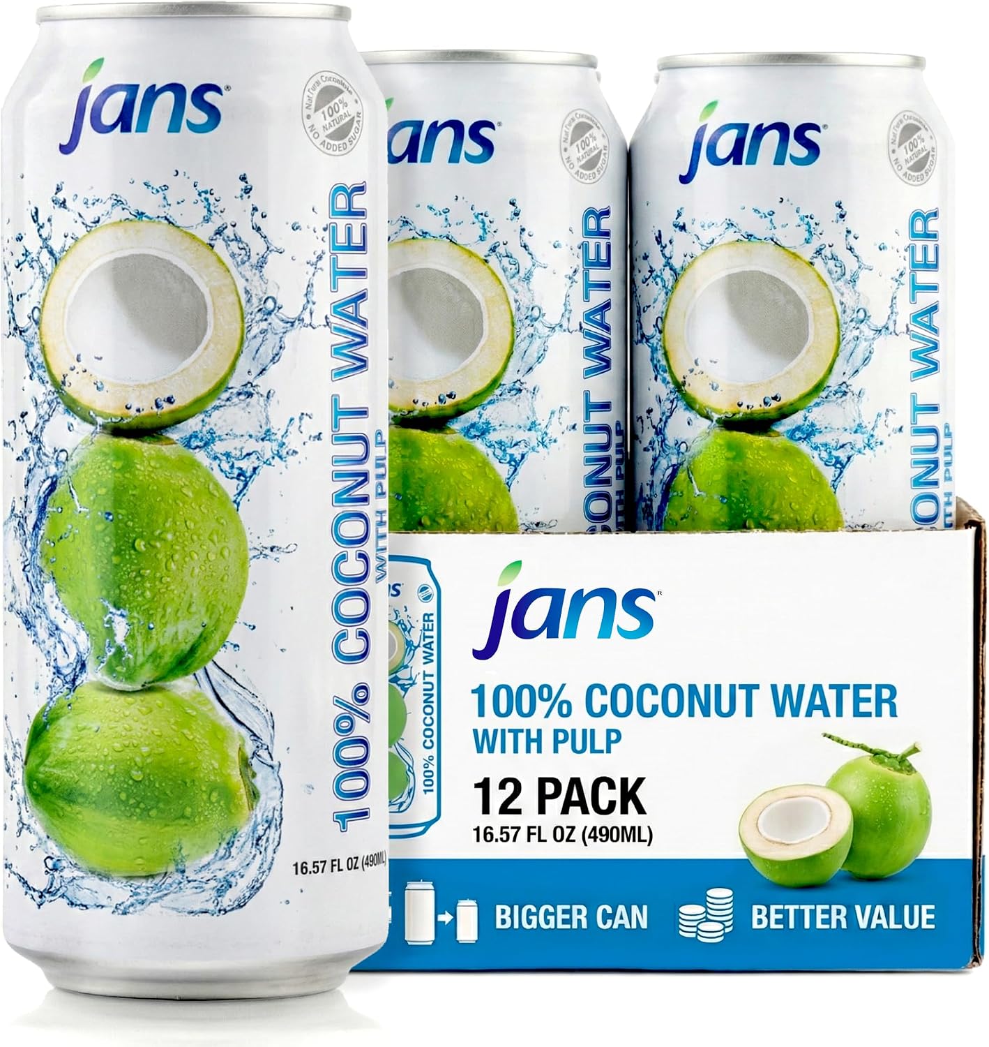 Jans 100% Coconut Water, NO Added Sugar, With Pulp (16.57 Fl Oz, Pack of 12) - Refreshingly Delicious, Hydration with Electrolytes